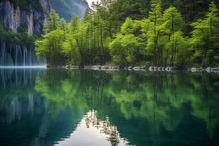 夏天出游的堰塞湖景观背景图片