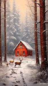 冬天森林里的小屋图片