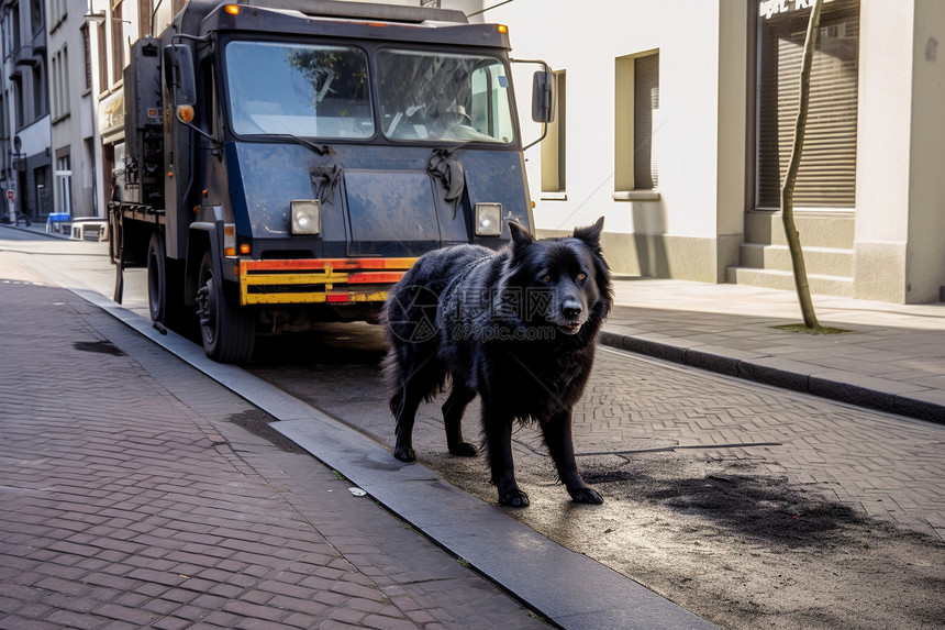 城市街头的黑色狗狗图片