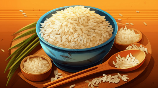 勺子里大米碗里的大米插画
