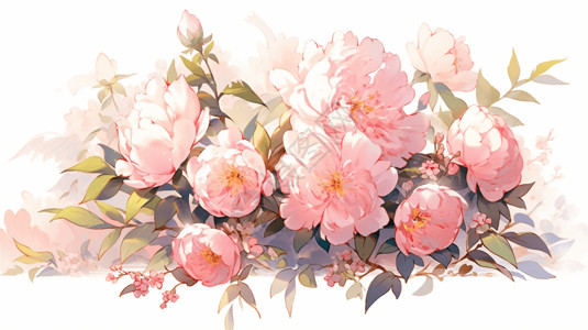 牡丹插花盛开的粉丝牡丹花插画