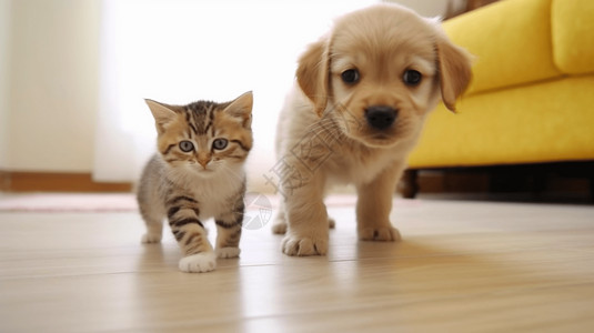 摇篮里猫咪可爱的猫和可爱的狗在房间里自由玩耍背景