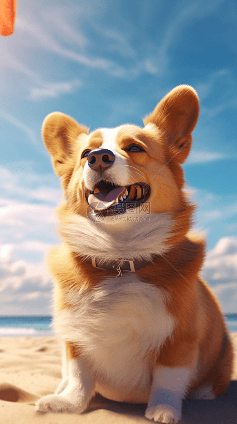 海滩上快乐的柯基犬图片