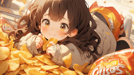 可爱的小女孩吃薯片背景图片