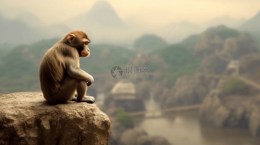 石头上孤独的猴子图片
