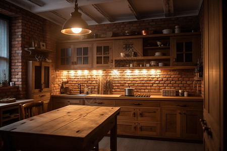 木柜上台灯舒适的厨房环境背景