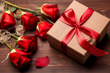 一盒玫瑰桌面上的礼物和玫瑰背景