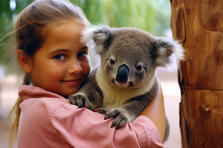 考拉边框抱着动物考拉的女孩背景