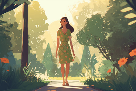 碎花绿色小裙子公园中散步的女性插画