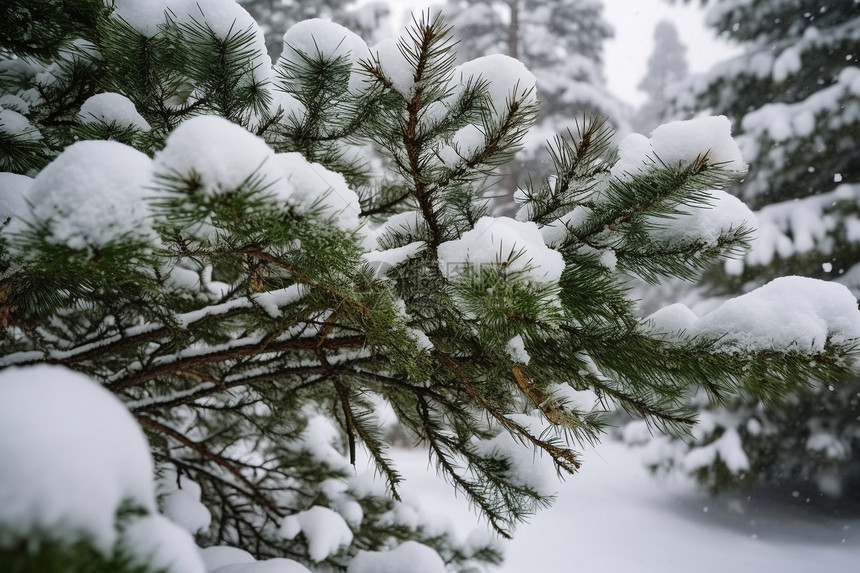 覆盖白雪的松树枝图片