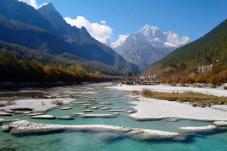 玉龙雪山的蓝月谷景观背景图片