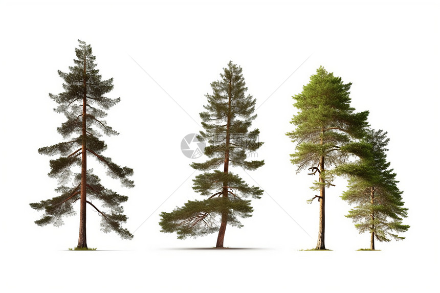 白色背景上的三棵松树图片