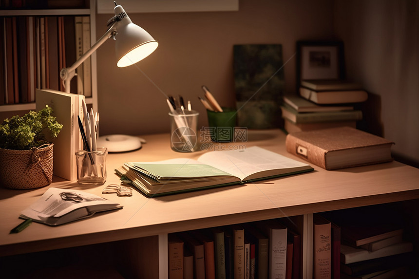 书桌上的台灯和书籍图片