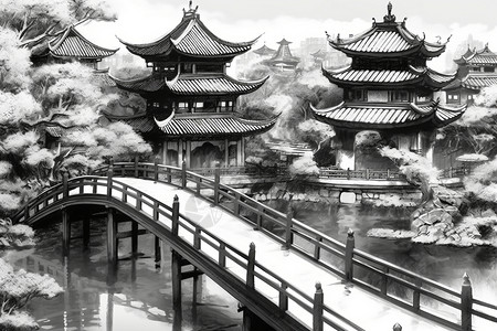 传统中国花园建筑背景图片