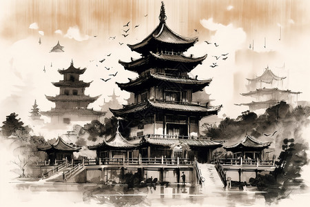 水彩中式建筑背景图片