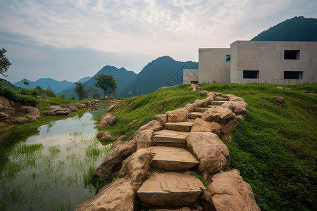 上坡山间的石头台阶背景