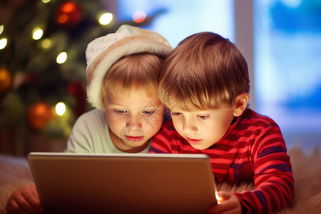 小朋友玩电脑圣诞节玩电脑的兄弟背景