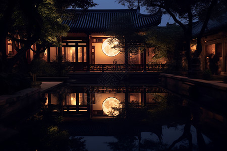 mbe风格月亮中国风格庭院夜景背景
