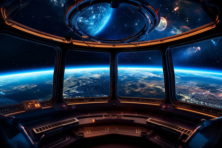 通过航天器的窗户看到的宇宙景色高清图片