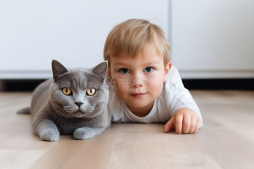 男孩和灰色的猫图片