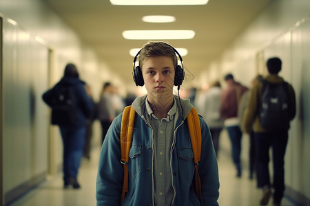 一名学生戴着耳机背景图片
