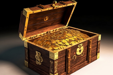 木制宝箱与金币背景图片