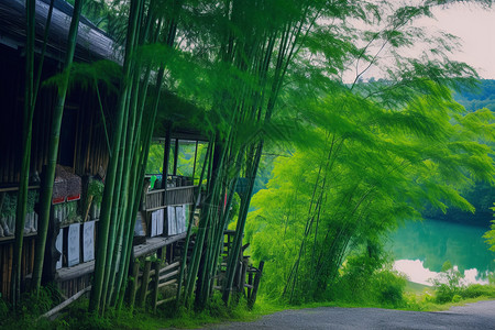 湖边的亭子竹林高清图片素材