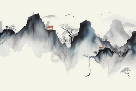 中国风景画中国风山水画背景墙背景