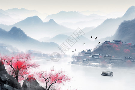 彩色山水风景画背景图片