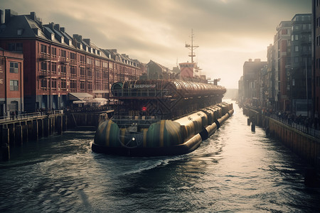 城市河流码头一艘巨大的潮汐能驳船设计图片