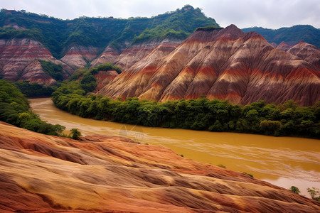 丹霞地貌下的河流背景图片