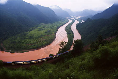 湍急的河流林间铁轨高清图片
