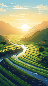 蓝河晴朗的蓝天下的稻田插画