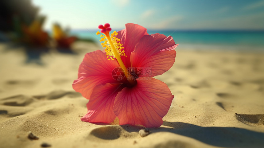 金色沙滩上美丽花朵图片