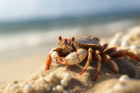 夏天可爱贝壳沙滩上的寄居蟹背景