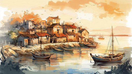 沿海村庄的小船图片