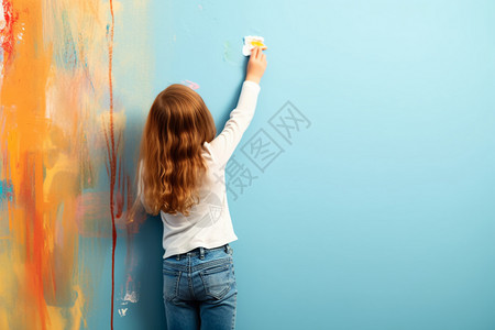 小女孩在墙上画画背景