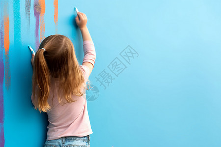 在墙上画画小女孩在彩色墙上画画背景