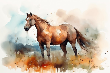 一匹马在草地上水彩画马在草地插画