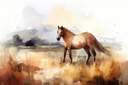 一匹马在草地上马在广阔的草地插画