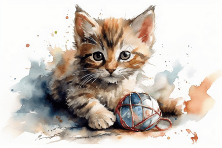 猫玩球可爱的小猫玩线球插画