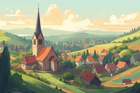 小田绿色田野中的村庄和教堂插画