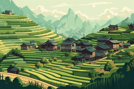山坡上的小屋在山坡上的村庄插画