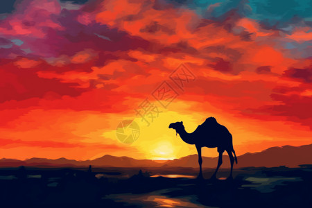 日升日落沙漠骆驼在日落下插画