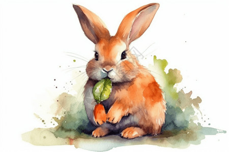 迷人的水彩兔子吃叶子图片