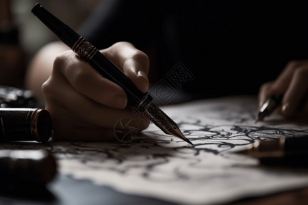 处暑艺术字设计握着书法笔画画的手背景