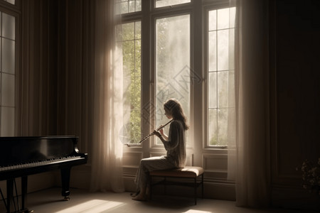 在窗户前练习长笛的女孩背景图片
