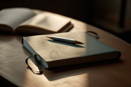 本子上的笔放在窗边桌子上的记事本背景