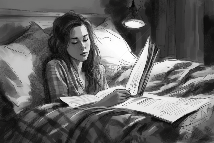 在床上阅读的女孩图片
