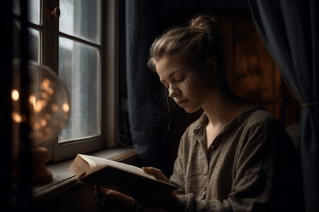 在窗边看书的女生图片